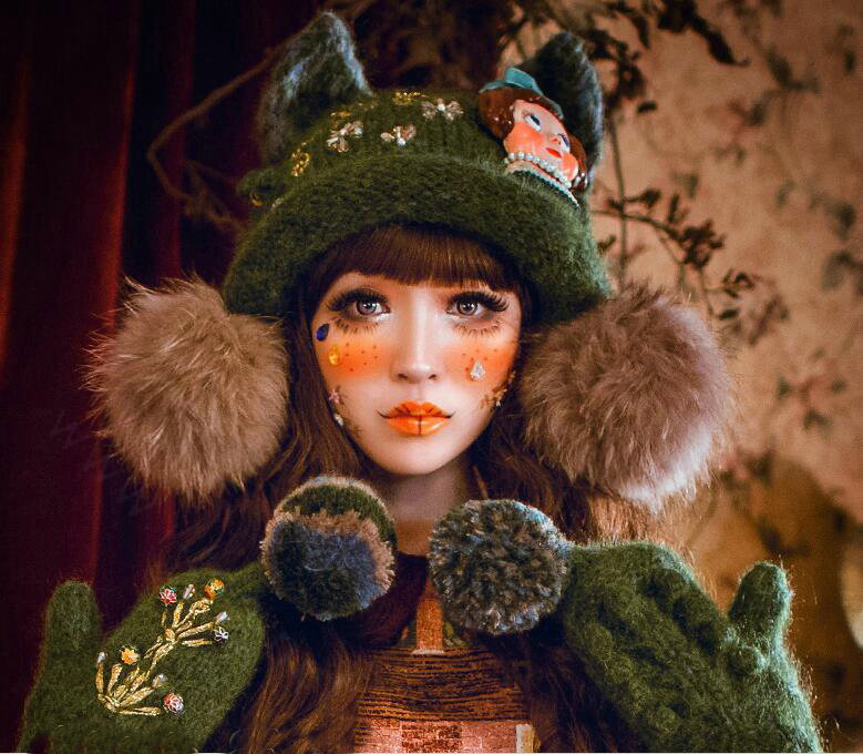 Retro Crystal Bow Girl Knitted Wool Beanies Caps Winter Warm Cat Ears Fur Ball Hats - Green