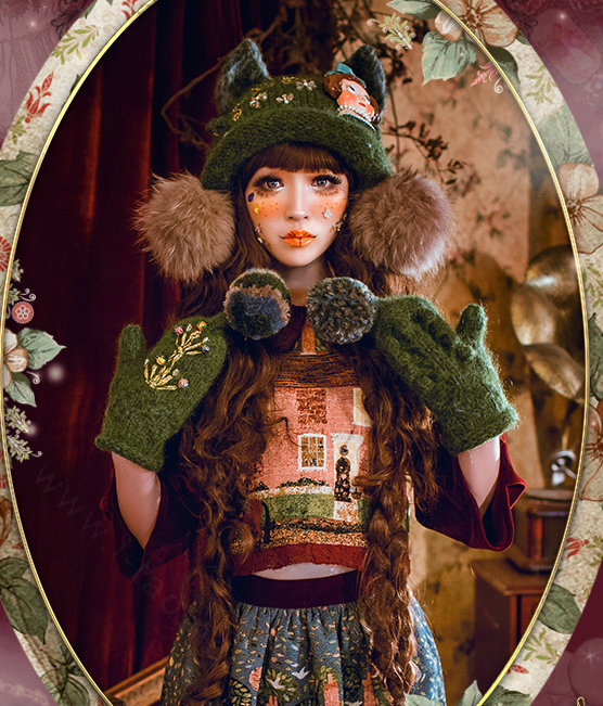 Retro Crystal Bow Girl Knitted Wool Beanies Caps Winter Warm Cat Ears Fur Ball Hats - Green