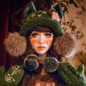 Retro Crystal Bow Girl Knitted Wool Beanies Caps Winter Warm Cat Ears Fur Ball Hats - Green
