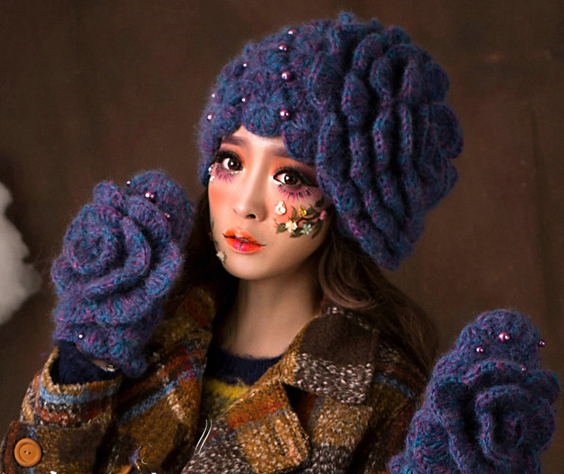 Retro Elegant Beret Knitted Wool Hats Girls Winter Warm Lily Flower Pearl Caps - Blue