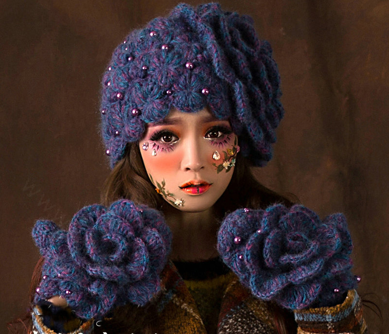 Retro Elegant Beret Knitted Wool Hats Girls Winter Warm Lily Flower Pearl Caps - Blue