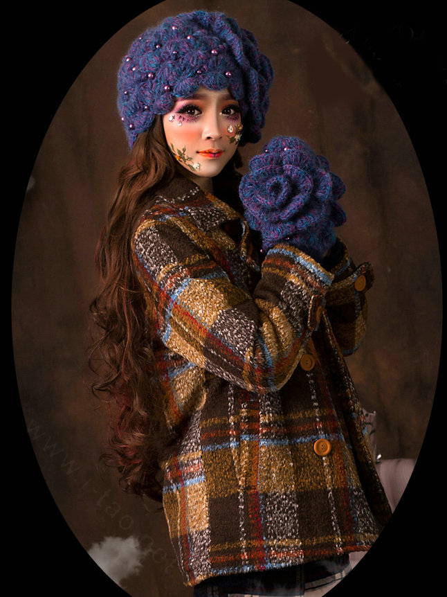 Retro Elegant Beret Knitted Wool Hats Girls Winter Warm Lily Flower Pearl Caps - Blue