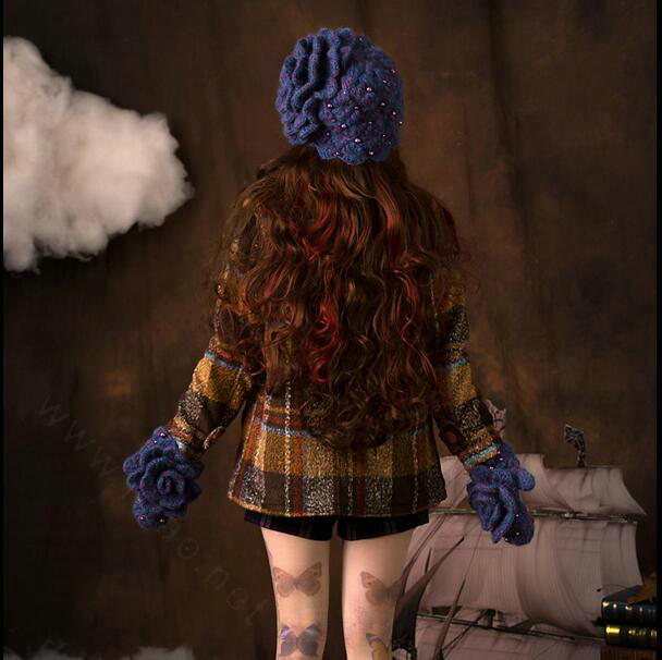 Retro Elegant Beret Knitted Wool Hats Girls Winter Warm Lily Flower Pearl Caps - Blue