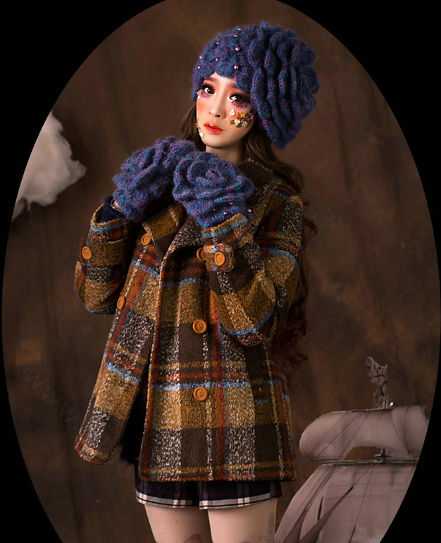 Retro Elegant Beret Knitted Wool Hats Girls Winter Warm Lily Flower Pearl Caps - Blue