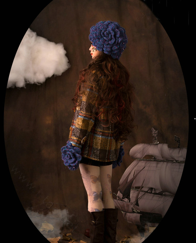 Retro Elegant Beret Knitted Wool Hats Girls Winter Warm Lily Flower Pearl Caps - Blue