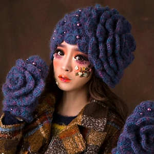 Retro Elegant Beret Knitted Wool Hats Girls Winter Warm Lily Flower Pearl Caps - Blue