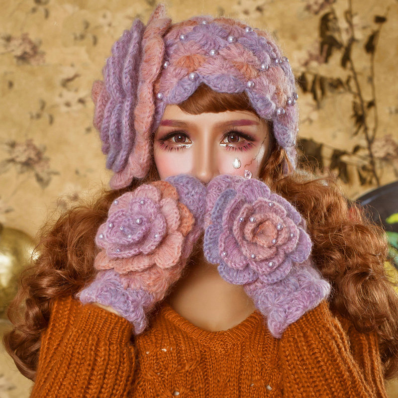 Retro Elegant Beret Knitted Wool Hats Girls Winter Warm Lily Flower Pearl Caps - Purple