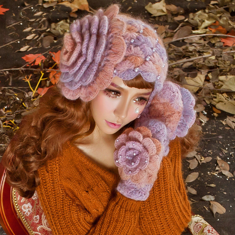 Retro Elegant Beret Knitted Wool Hats Girls Winter Warm Lily Flower Pearl Caps - Purple