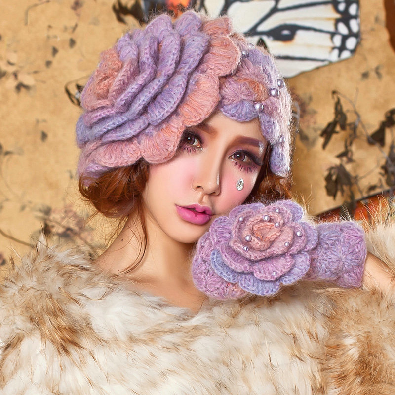 Retro Elegant Beret Knitted Wool Hats Girls Winter Warm Lily Flower Pearl Caps - Purple