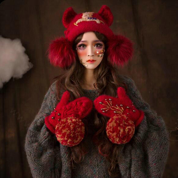 Retro Embroidered Horse Knitted Wool Beanies Caps Winter Warm Cat Ears Fur Ball Hats - Red