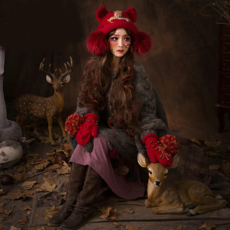 Retro Embroidered Horse Knitted Wool Beanies Caps Winter Warm Cat Ears Fur Ball Hats - Red