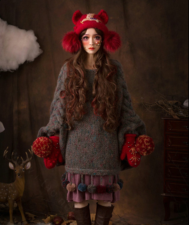 Retro Embroidered Horse Knitted Wool Beanies Caps Winter Warm Cat Ears Fur Ball Hats - Red
