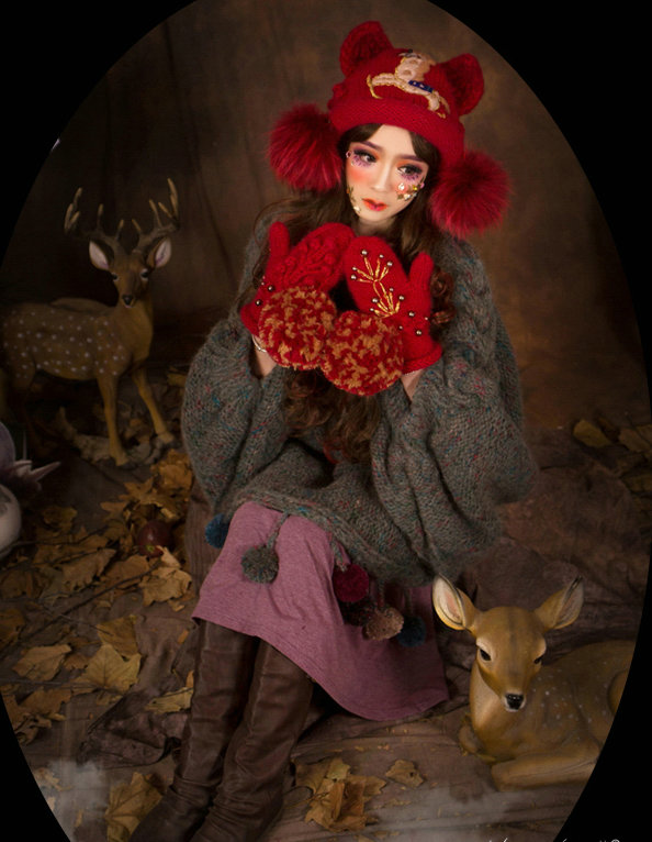 Retro Embroidered Horse Knitted Wool Beanies Caps Winter Warm Cat Ears Fur Ball Hats - Red