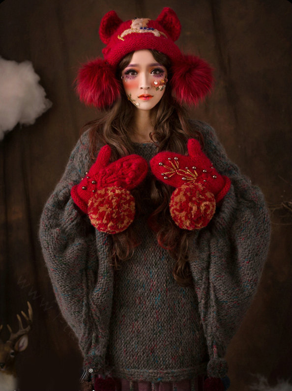 Retro Embroidered Horse Knitted Wool Beanies Caps Winter Warm Cat Ears Fur Ball Hats - Red