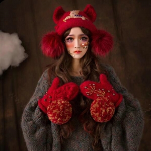 Retro Embroidered Horse Knitted Wool Beanies Caps Winter Warm Cat Ears Fur Ball Hats - Red