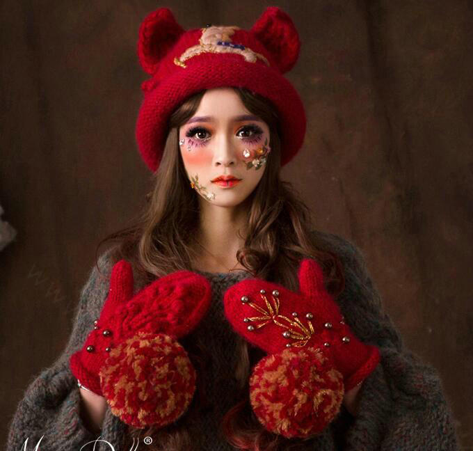 Retro Embroidered Horse Knitted Wool Beanies Caps Winter Warm Cat Ears Hats - Red