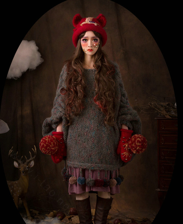 Retro Embroidered Horse Knitted Wool Beanies Caps Winter Warm Cat Ears Hats - Red