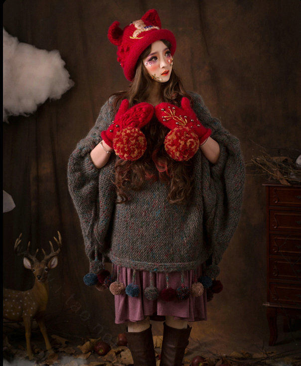 Retro Embroidered Horse Knitted Wool Beanies Caps Winter Warm Cat Ears Hats - Red