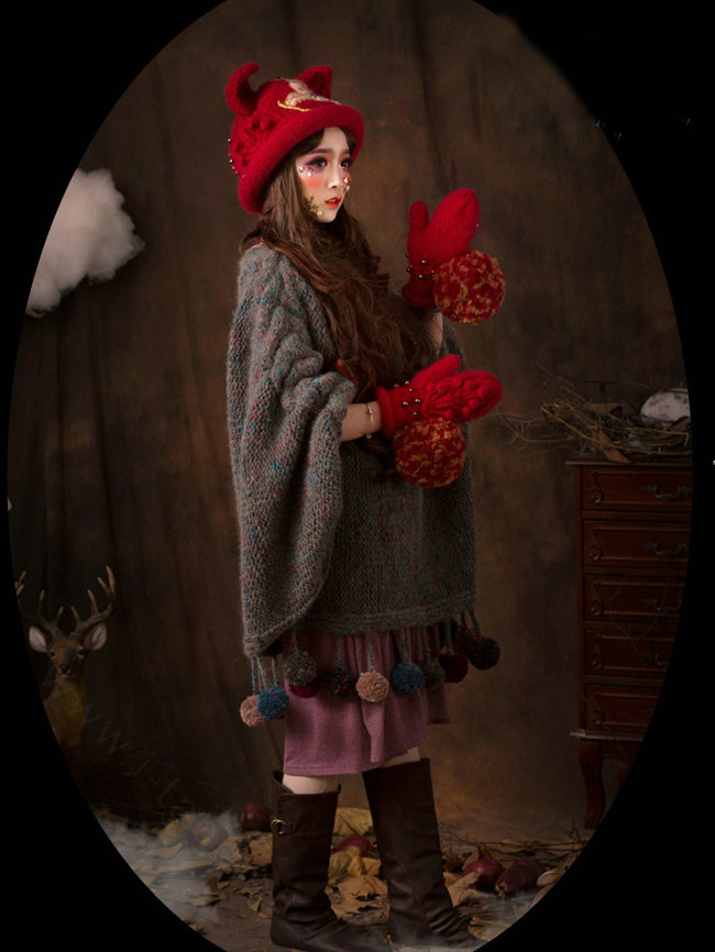 Retro Embroidered Horse Knitted Wool Beanies Caps Winter Warm Cat Ears Hats - Red