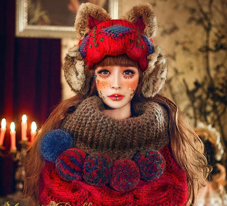 Retro Embroidered Knitted Wool Beanies Caps Warm Cat Ears Rabbit Fur Protectors Hats - Red