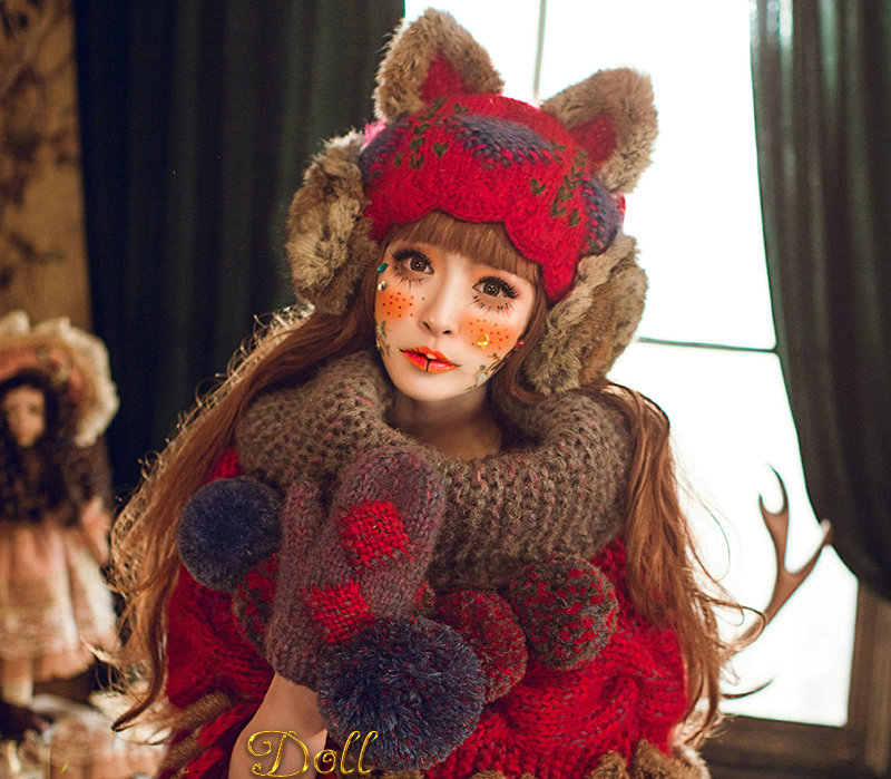 Retro Embroidered Knitted Wool Beanies Caps Warm Cat Ears Rabbit Fur Protectors Hats - Red