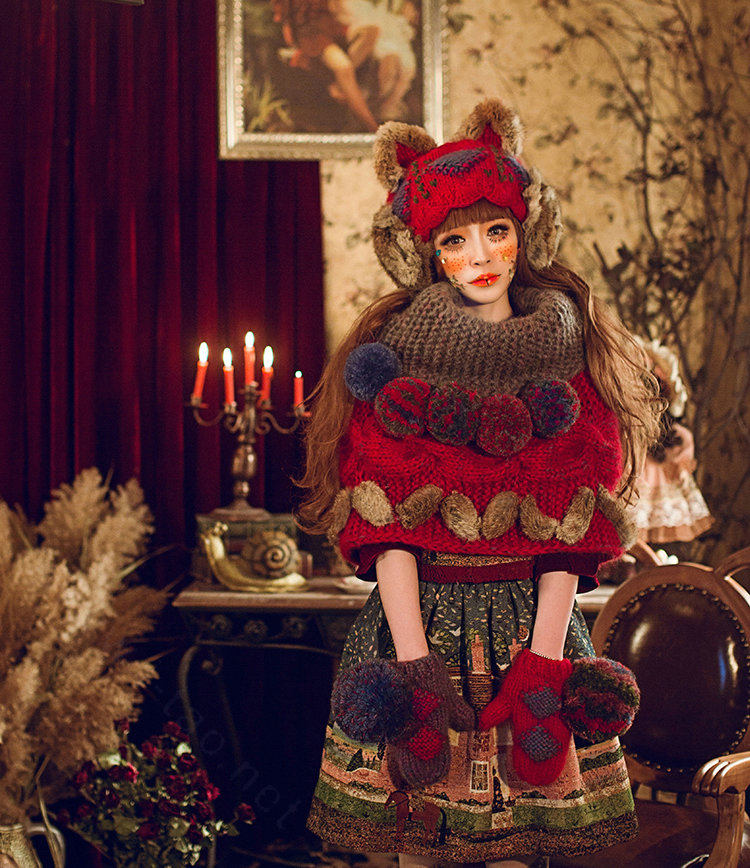 Retro Embroidered Knitted Wool Beanies Caps Warm Cat Ears Rabbit Fur Protectors Hats - Red
