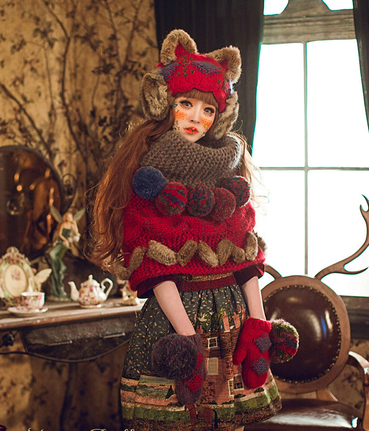 Retro Embroidered Knitted Wool Beanies Caps Warm Cat Ears Rabbit Fur Protectors Hats - Red