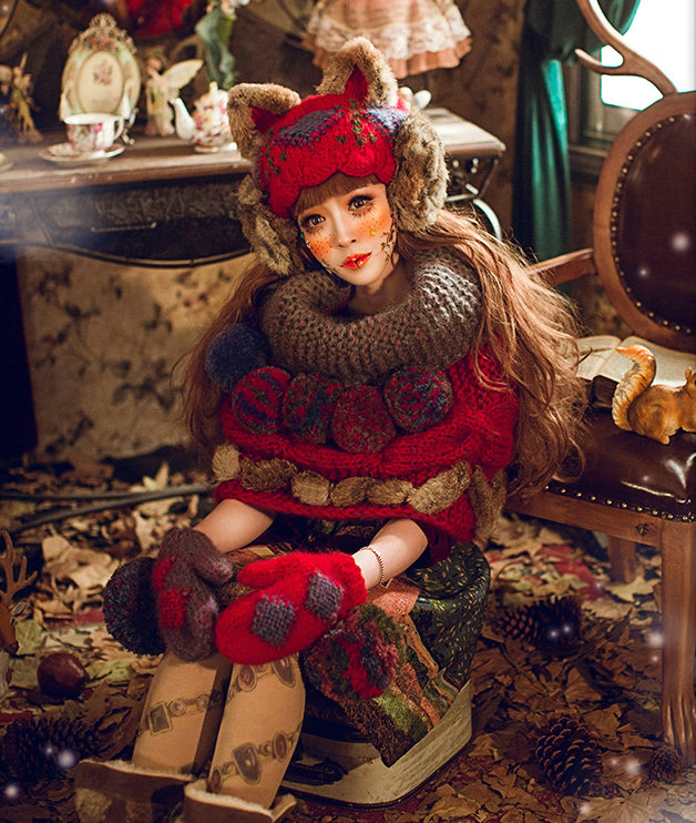 Retro Embroidered Knitted Wool Beanies Caps Warm Cat Ears Rabbit Fur Protectors Hats - Red