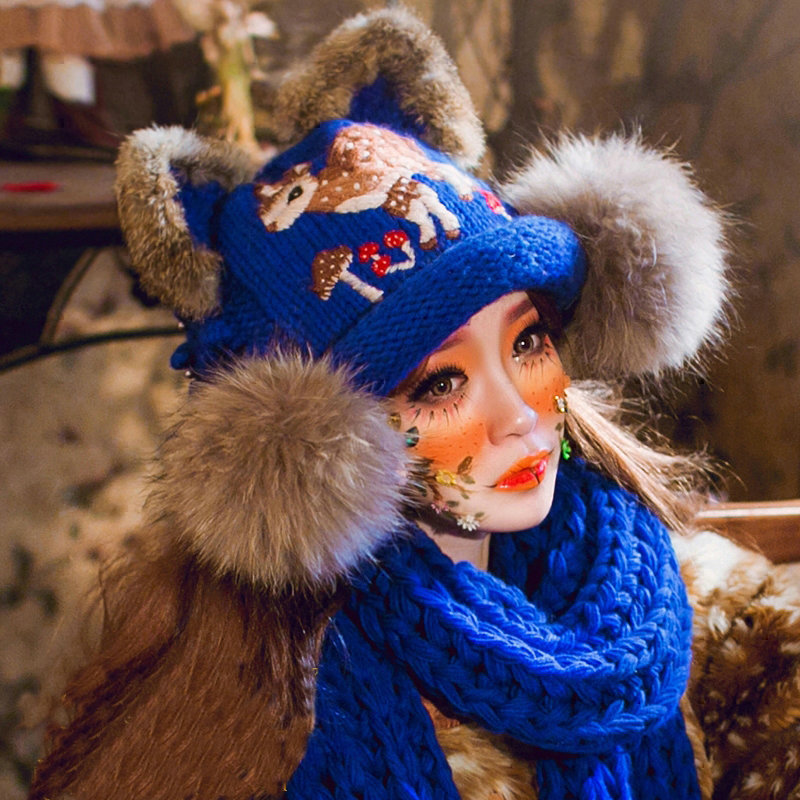Retro Embroidered Little Dear Knitted Wool Beanies Caps Winter Warm Cat Ears Fur Ball Hats - Blue