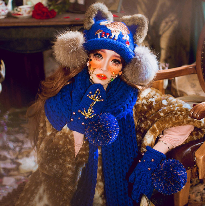 Retro Embroidered Little Dear Knitted Wool Beanies Caps Winter Warm Cat Ears Fur Ball Hats - Blue
