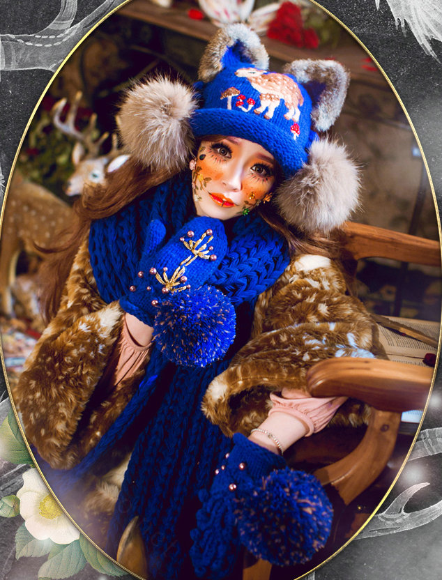 Retro Embroidered Little Dear Knitted Wool Beanies Caps Winter Warm Cat Ears Fur Ball Hats - Blue