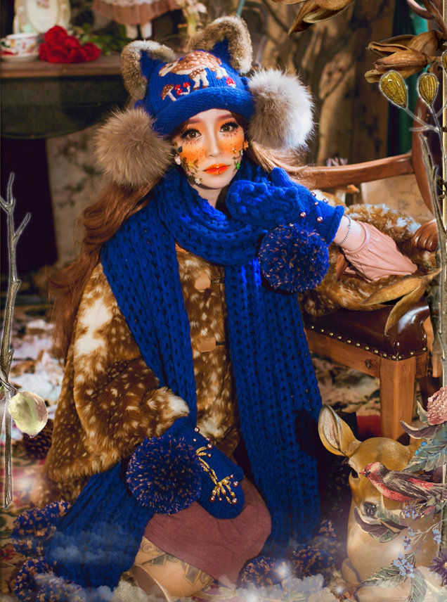 Retro Embroidered Little Dear Knitted Wool Beanies Caps Winter Warm Cat Ears Fur Ball Hats - Blue