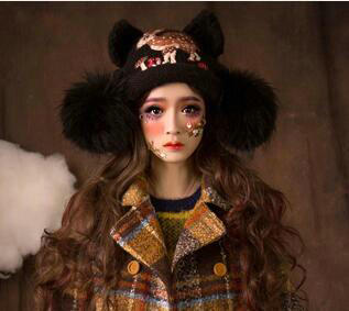 Retro Embroidered Little Dear Knitted Wool Beanies Caps Winter Warm Cat Ears Fur Ball Hats - Coffee