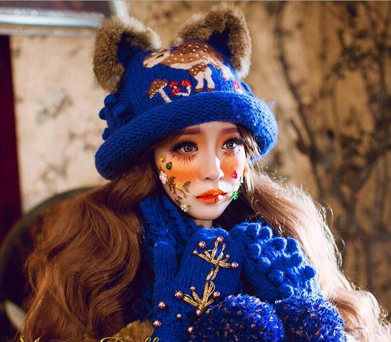 Retro Embroidered Little Dear Knitted Wool Beanies Caps Winter Warm Cat Ears Hats - Blue