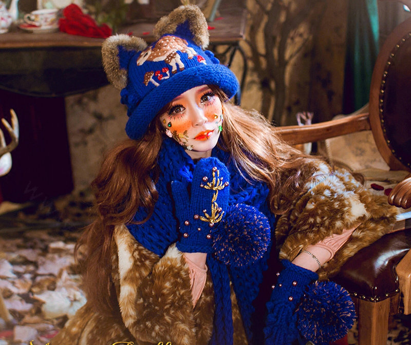 Retro Embroidered Little Dear Knitted Wool Beanies Caps Winter Warm Cat Ears Hats - Blue