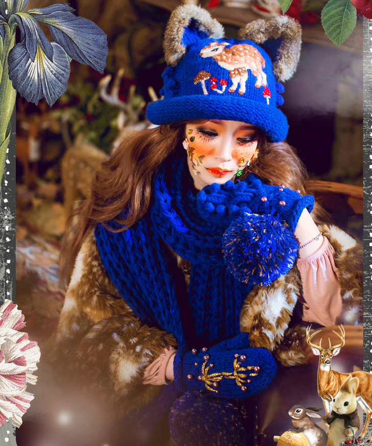 Retro Embroidered Little Dear Knitted Wool Beanies Caps Winter Warm Cat Ears Hats - Blue