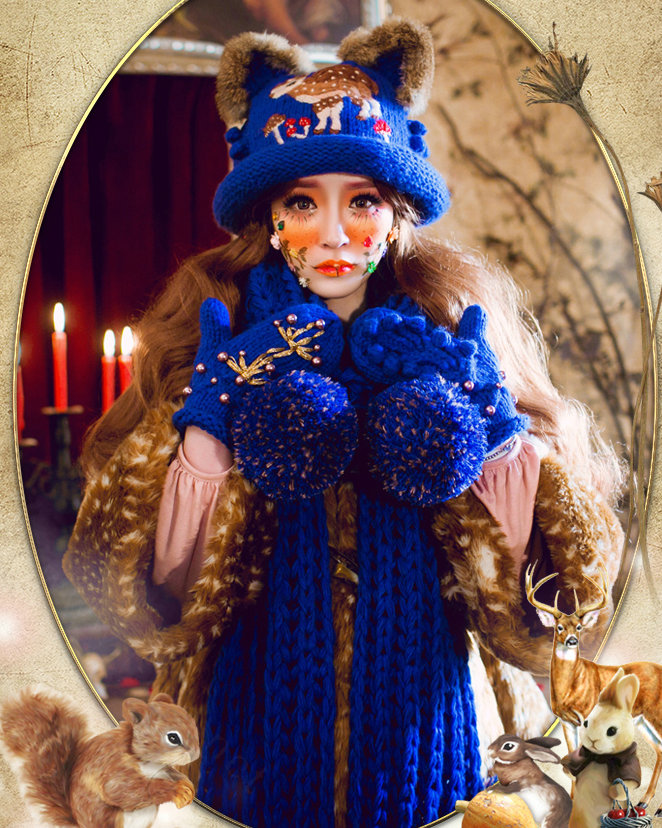 Retro Embroidered Little Dear Knitted Wool Beanies Caps Winter Warm Cat Ears Hats - Blue