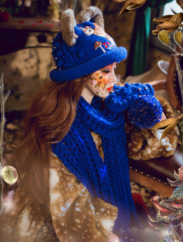 Retro Embroidered Little Dear Knitted Wool Beanies Caps Winter Warm Cat Ears Hats - Blue