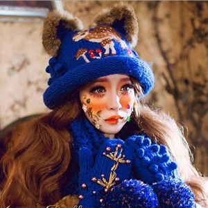 Retro Embroidered Little Dear Knitted Wool Beanies Caps Winter Warm Cat Ears Hats - Blue