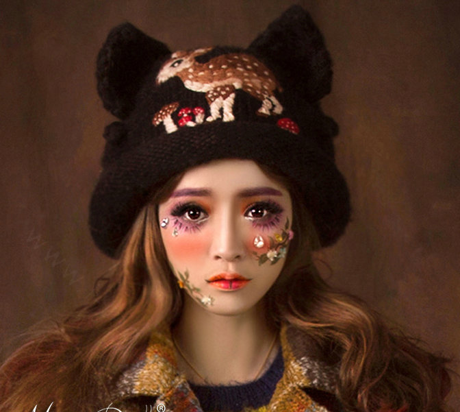 Retro Embroidered Little Dear Knitted Wool Beanies Caps Winter Warm Cat Ears Hats - Coffee