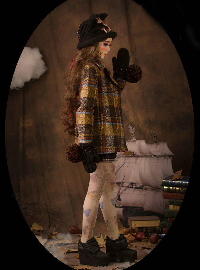 Retro Embroidered Little Dear Knitted Wool Beanies Caps Winter Warm Cat Ears Hats - Coffee