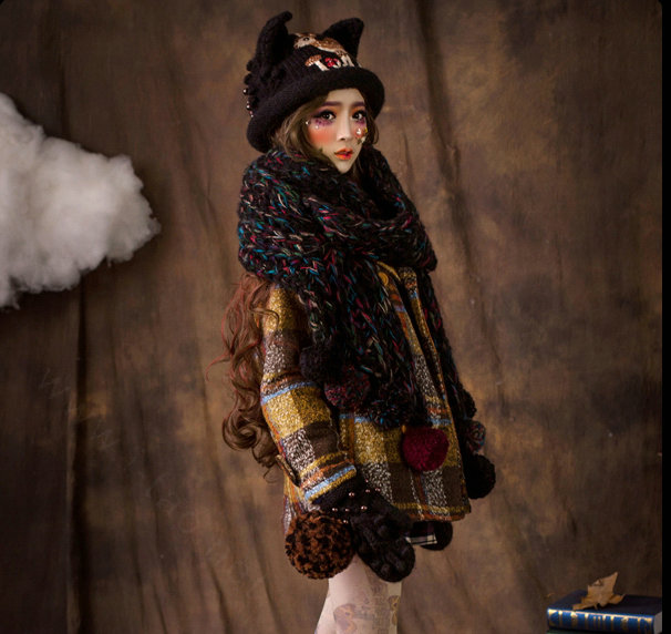 Retro Embroidered Little Dear Knitted Wool Beanies Caps Winter Warm Cat Ears Hats - Coffee