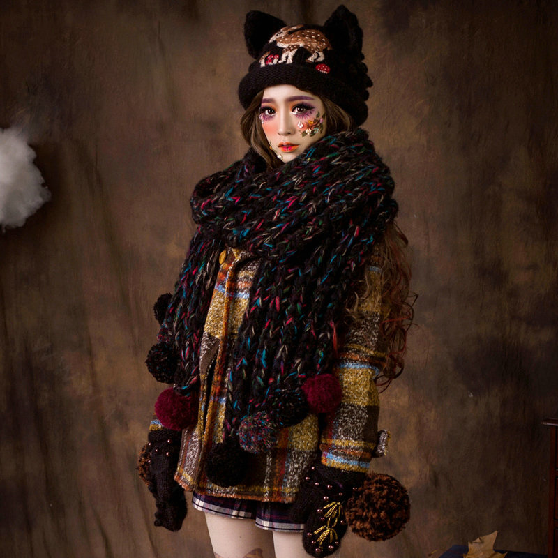 Retro Embroidered Little Dear Knitted Wool Beanies Caps Winter Warm Cat Ears Hats - Coffee