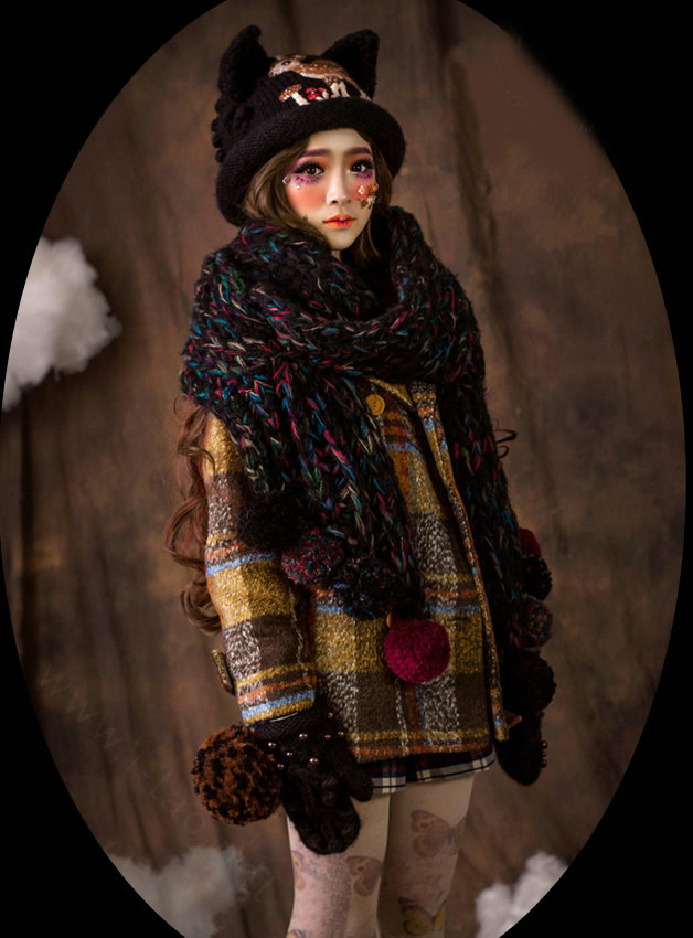 Retro Embroidered Little Dear Knitted Wool Beanies Caps Winter Warm Cat Ears Hats - Coffee