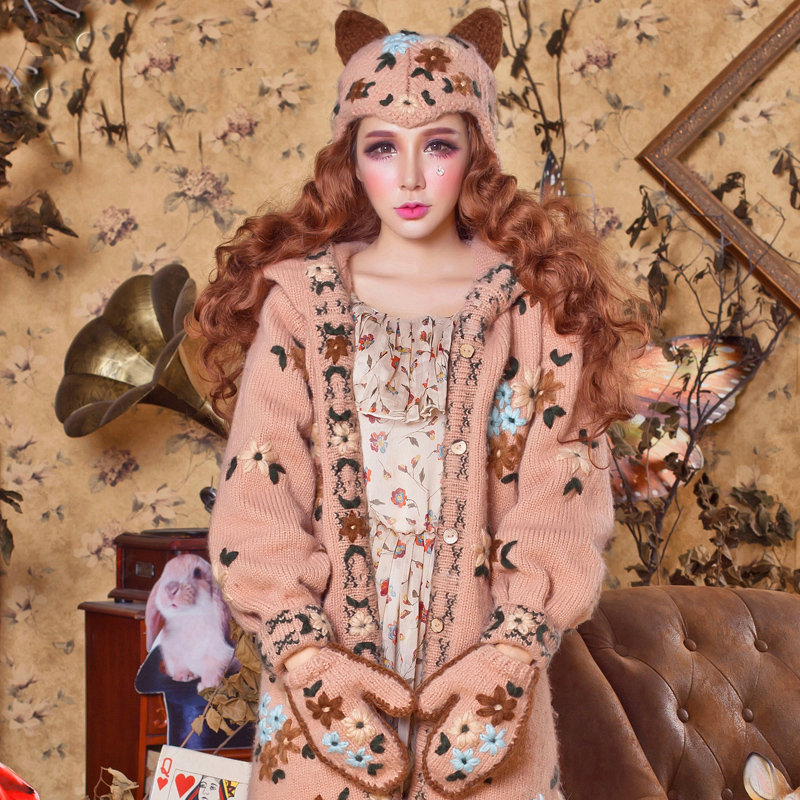 Retro Flower Devil Horns Cat Ears Knitted Wool Hats Winter Warm Earmuffs Beanies Caps - Camel