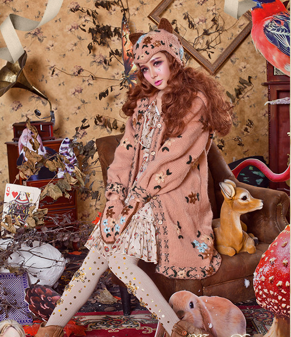 Retro Flower Devil Horns Cat Ears Knitted Wool Hats Winter Warm Earmuffs Beanies Caps - Camel