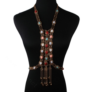 Retro Gold Plated Tassel Pendant Gem Necklace Bikini Beach Dress Decro Body Chain Jewelry - Coloured