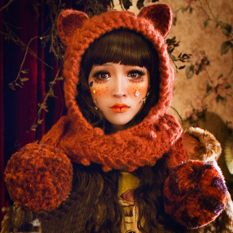 Retro Grils Cat Ears Twist Knitted Wool Hats Winter Long Fur Ball Ear Protection Scarf - Red
