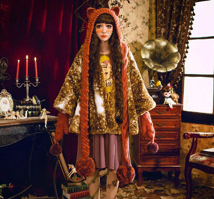 Retro Grils Cat Ears Twist Knitted Wool Hats Winter Long Fur Ball Ear Protection Scarf - Red