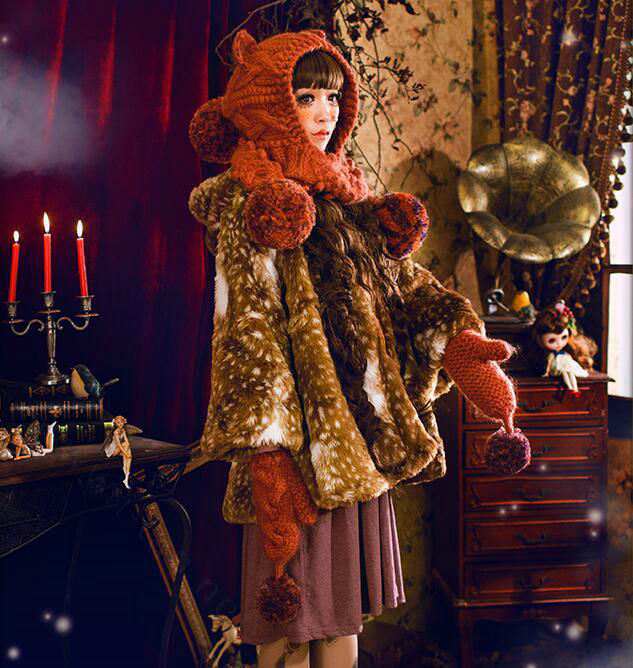 Retro Grils Cat Ears Twist Knitted Wool Hats Winter Long Fur Ball Ear Protection Scarf - Red